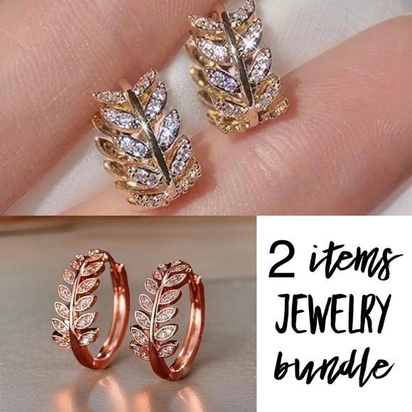 Zircon Olive Branch Leaf Small Hoop Earrings - Gold & Rose Gold Set - Picture 1 of 8